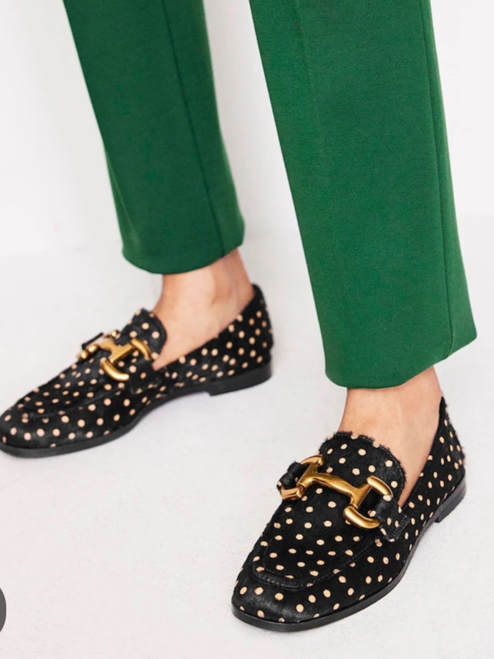 Boden Black & Tan Snaffle loafers
Polka Dot faux fur Loafers with Gold Bit